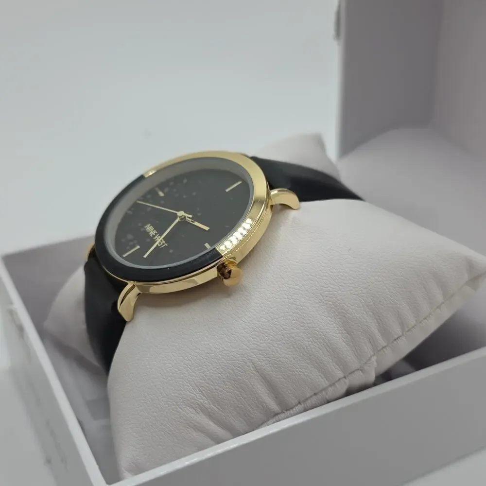 Nine West Women’s Quartz Watch Black Dial Gold-Tone Case Leather Strap Box